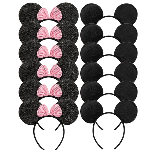 CHuangQi Mouse Ears Solid Black and Pink Sequins Bow, Set of 12