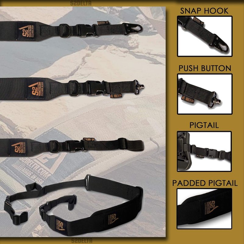 S2Delta - USA Made Premium 2 Point Rifle Sling, Fast Adjustment, Modular Attachment Connections, Comfortable 2” Wide Shoulder Strap