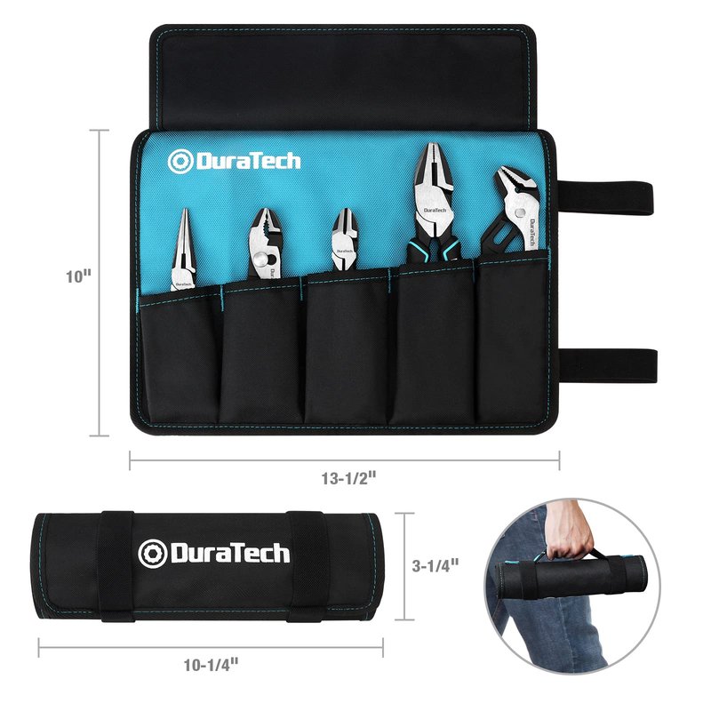 DURATECH 5-Piece Cr-Ni Pliers Set, 6" Long Nose, Slip Joint, Diagonal Cutting, 8" Linesman, Groove Joint Pliers, Easy Storage Oxford Rolling Pouch