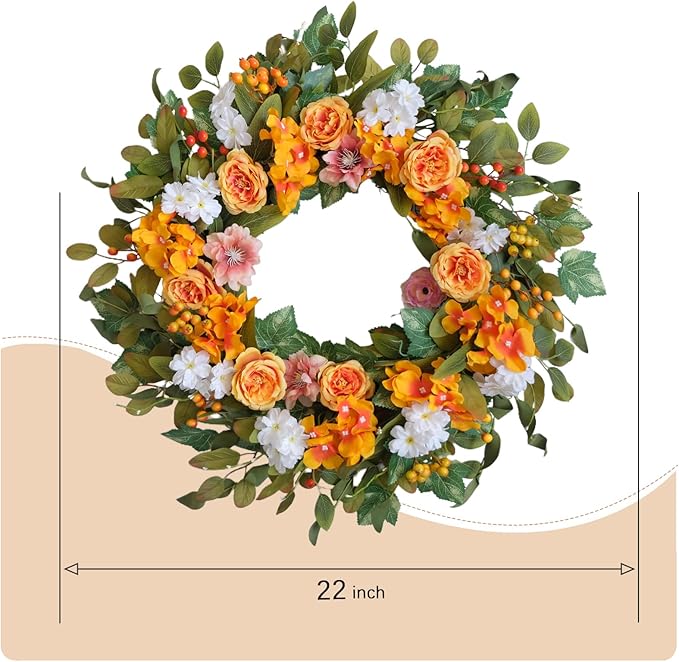 22-inch Fall Wreath Orange Rose Hydrangea Berry Green Leaf Fall Front Door Wreath Indoor Outdoor Decoration Thanksgiving Harvest Festival Party Wedding Office Decoration