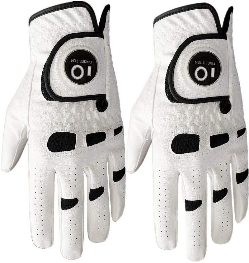 FINGER TEN Men’s Golf Gloves Left Hand Right with Ball Marker 2 Pack, Weathersof Grip Soft Comfortable, Fit Size Small Medium ML Large XL (Cadet S, Worn on Left Hand)