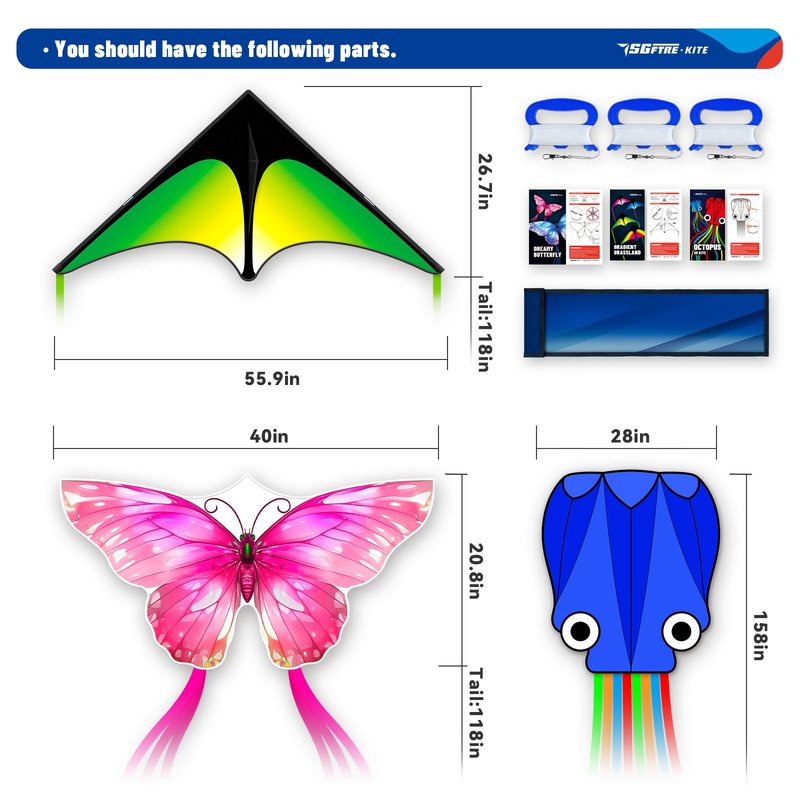 SGftre 3 Piece Set Butterfly Delta and Octopus Kites for Boys and Girls, Beach Kites for Family Outdoor Games & Activities (Gradient Grassland Green+Octopus Blue+Pink Dreamy Butterfly, 3)