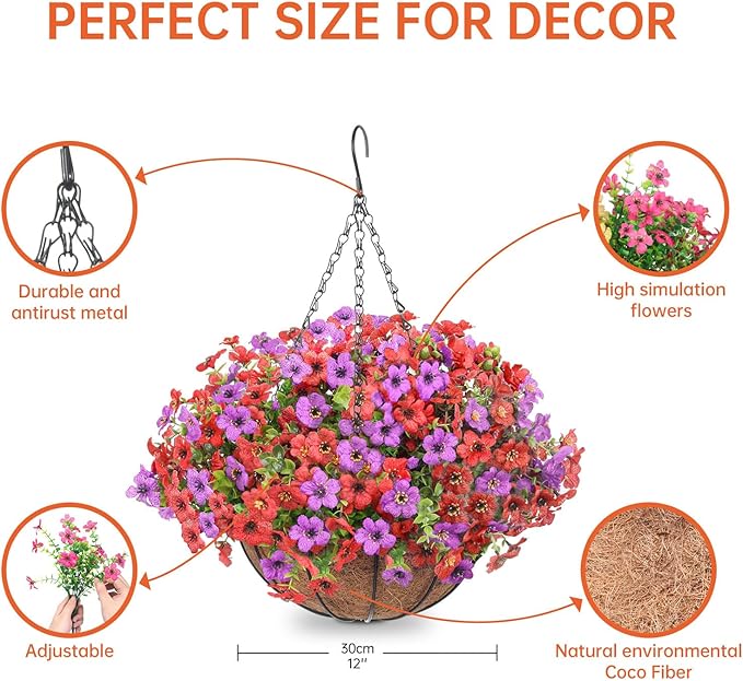 Artificial Hanging Faux Flowers Basket, Fake Silk Daisy Eucalyptus Plants Arrangement,for Spring Summer Outdoor Decoration,UV Resistant, Coconut Planter,Look Real for Home Garden Decor (Pruple Red)
