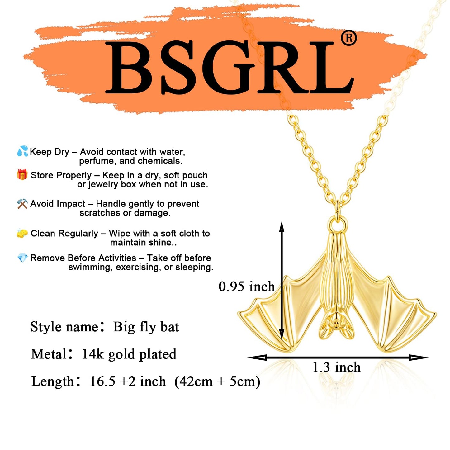 BSGRL Dainty Gold Necklace - 14K Gold-plated Big Flying Bat Animal Necklace for Women 16.5"+2"