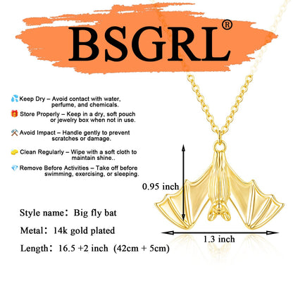 BSGRL Dainty Gold Necklace - 14K Gold-plated Big Flying Bat Animal Necklace for Women 16.5"+2"