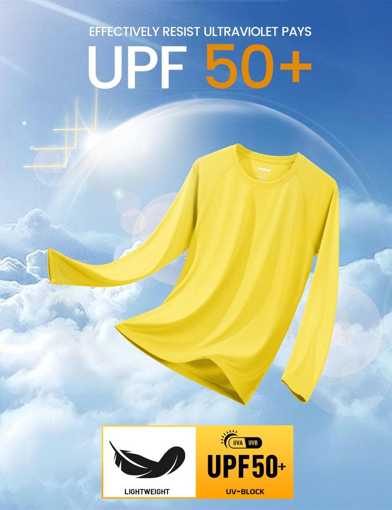 Rash Guard Men Long Sleeve Sun Protection Shirt Men Athletic T-Shirt Running Shirts UV Shirts for Men Sun T-Shirt Yellow