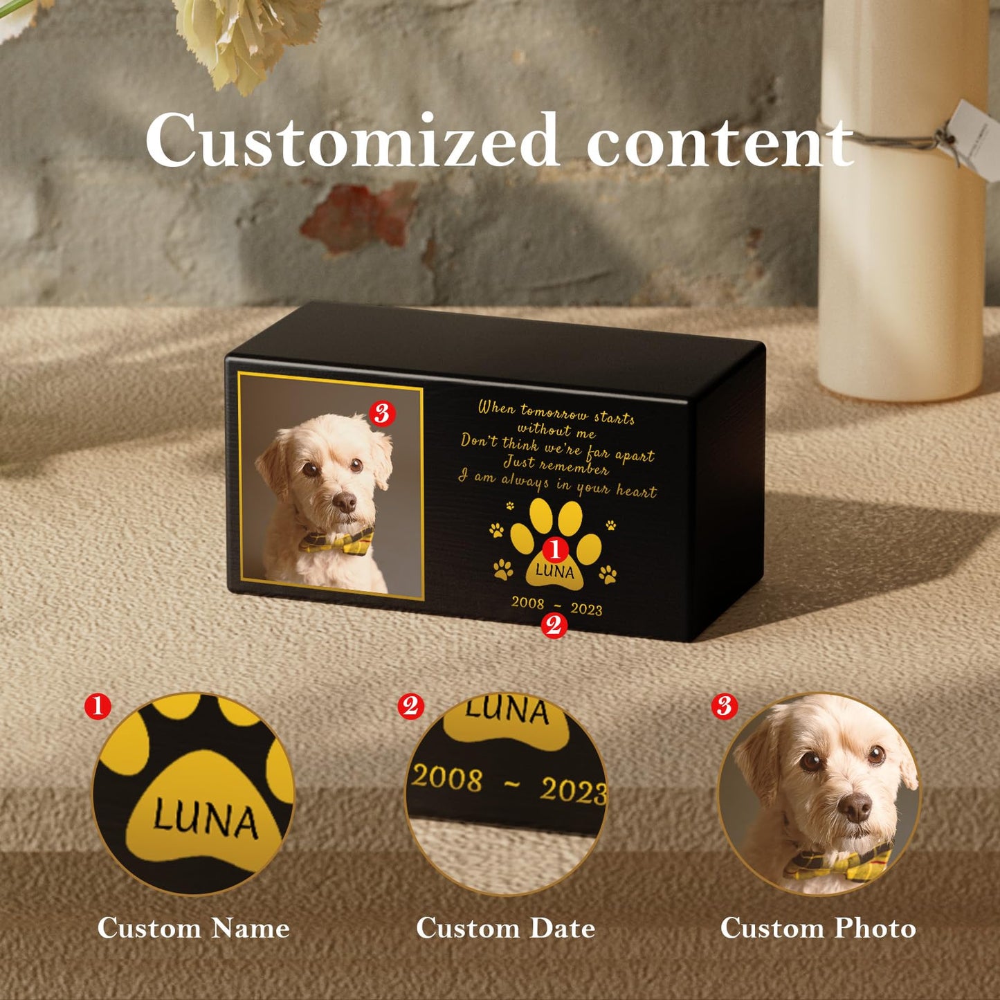 Bemaystar Personalized Pet Urns for Dogs Ashes - Custom Wooden Box with Photo for Pet Memorial Keepsake, Photo Box Pet Cremation Urn, Wood Keepsake Urn for Pet Cremation, Sympathy Gift for Pet Lovers