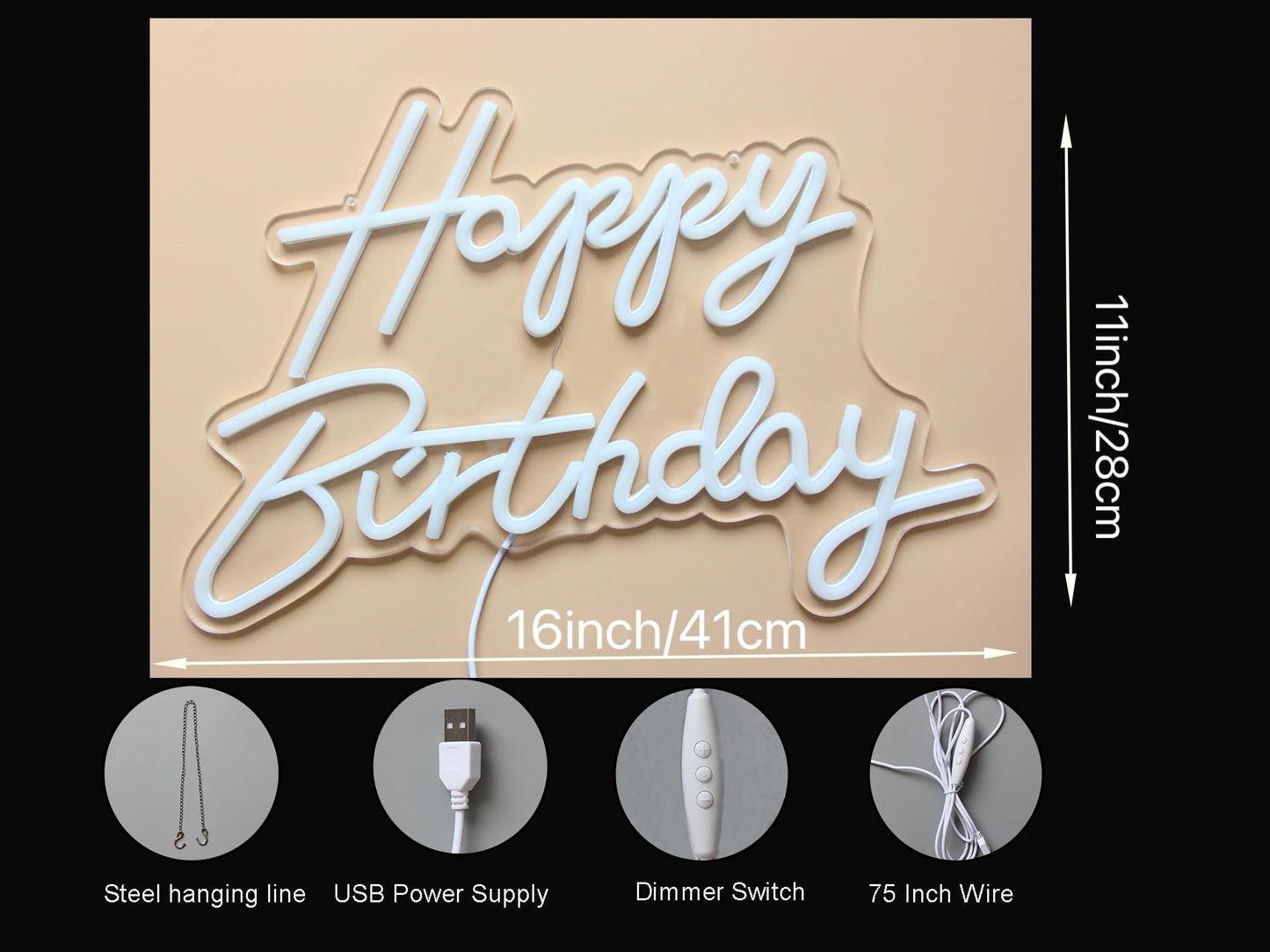 DAKABUKA LED Neon Happy Birthday Sign Night Light Birthday Party Decorations Warm White USB Operated Decorative for Backdrop Party Bedroom Wall Décor 5v