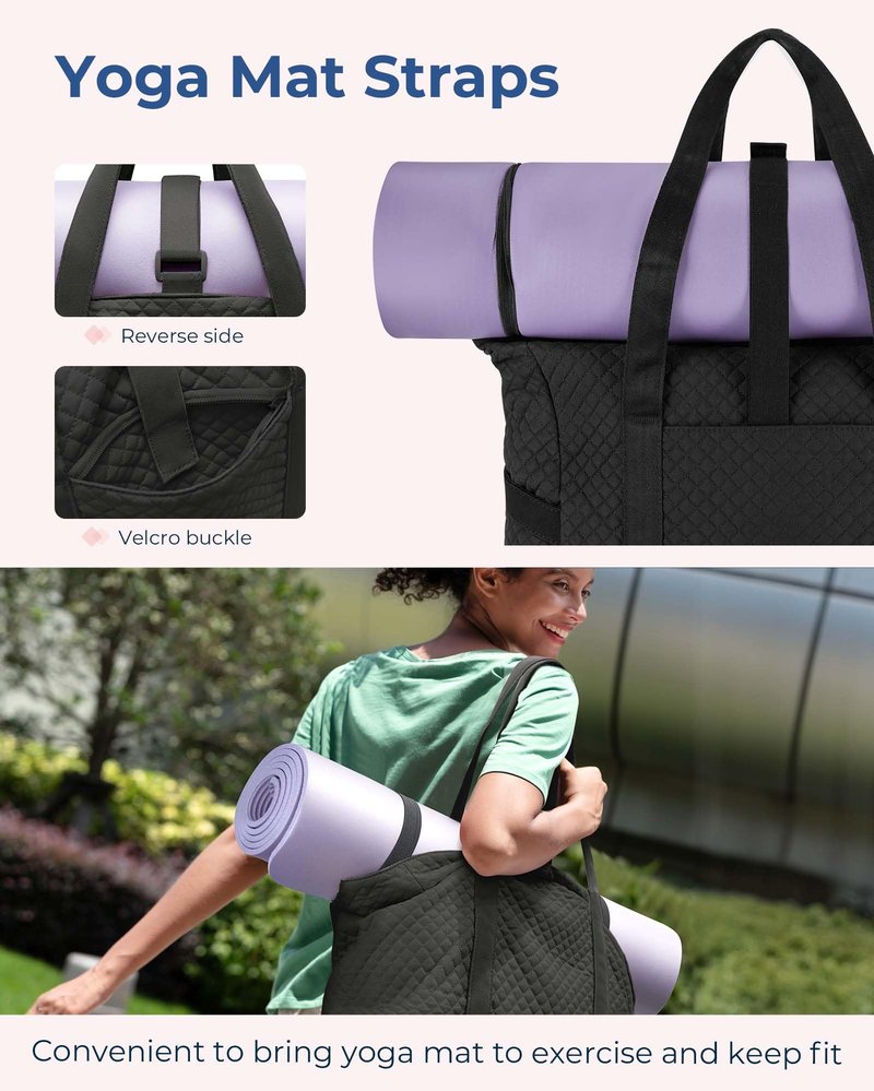 BAGSMART Large Tote Bag For Women, Travel Shoulder Bag Top Handle Handbag with Yoga Mat Buckle for Gym, Work, Travel(Black, Large