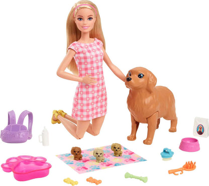 Barbie Doll & Pets Set, Blonde with Mommy Dog, 3 Newborn Puppies with Color-Change Feature & Pet Accessories