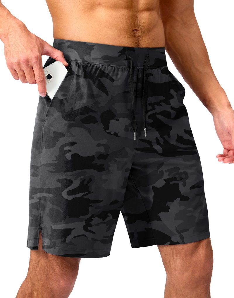 Soothfeel Men's Running Shorts with Zipper Pockets 9 Inch Lightweight Quick Dry Gym Sports Athletic Workout Basketball Shorts for Men (Grey Camo, M)