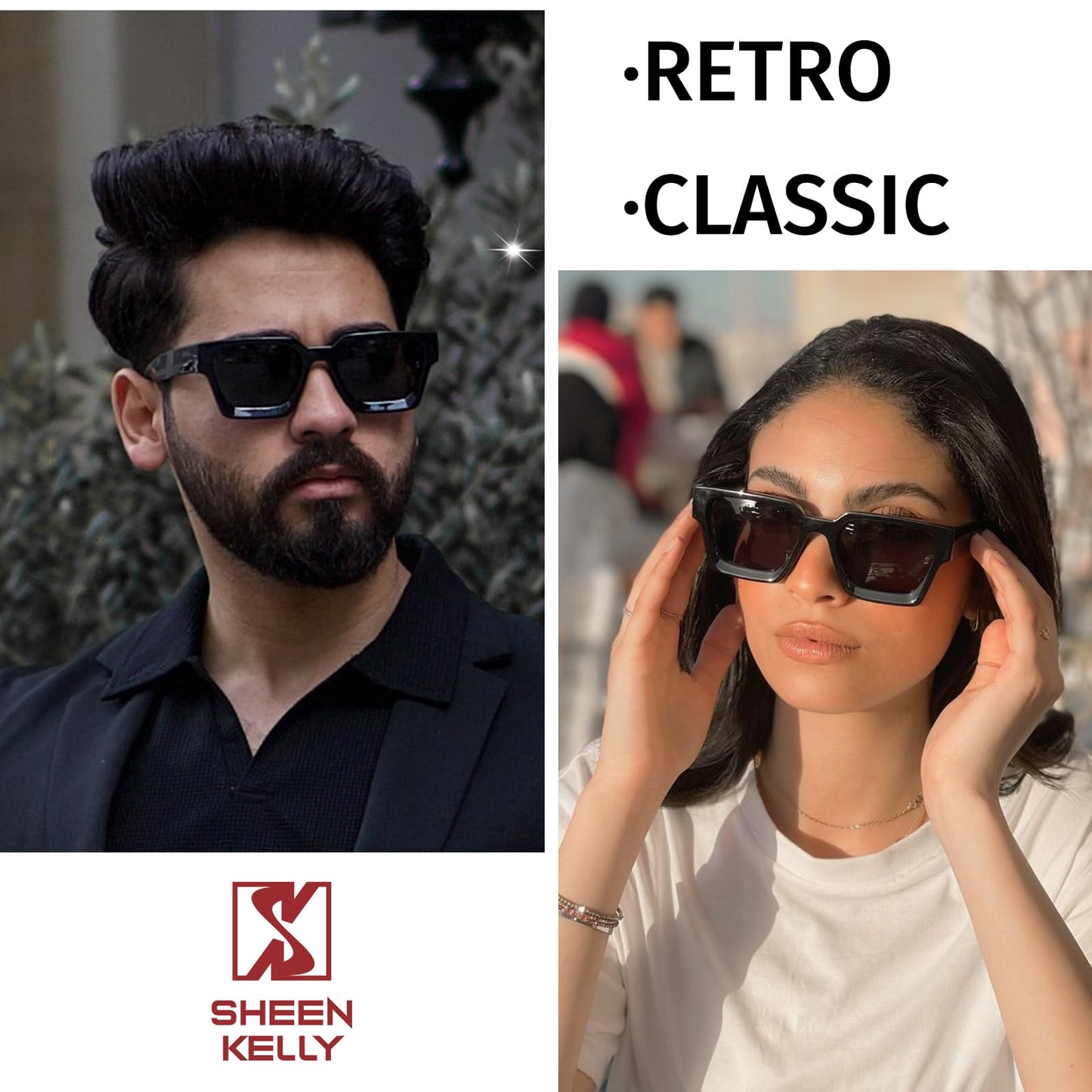 SHEEN KELLY Retro Thick Rectangle Chunky Sunglasses Women Men Trendy Square Black Shades Tortie Frame Fashion 90s Glasses