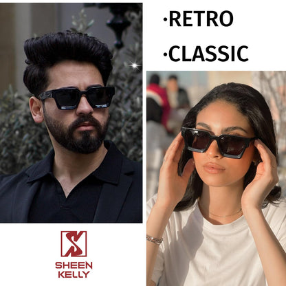 SHEEN KELLY Retro Thick Rectangle Chunky Sunglasses Women Men Trendy Square Black Shades Tortie Frame Fashion 90s Glasses