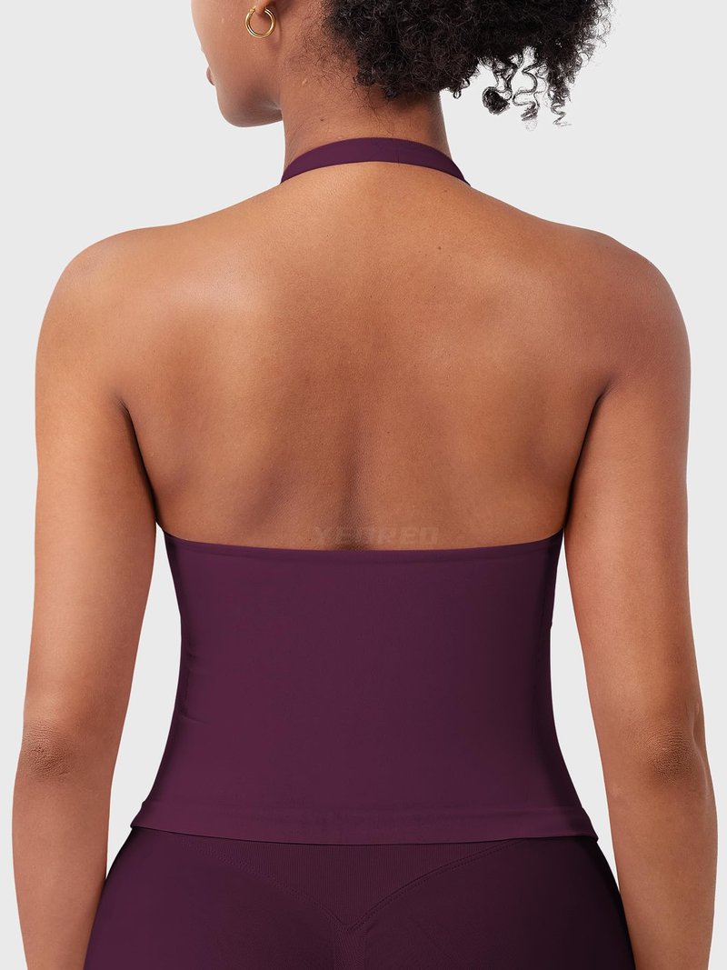 YEOREO SoftHue Women's Impact Halter Tank Top Longline Backless Scoop Neck Built-in Bra Sports Workout Gym Crop Top Jam Cherry S