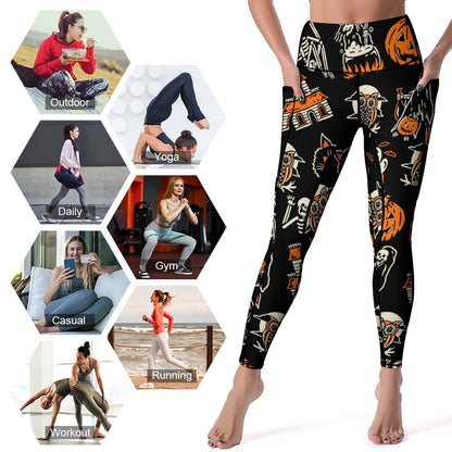 QIVICIMA Women High Waist Workout Leggings Halloween Printed Gym Athletic Tummy Control Yoga Pants with Pockets 1 A9 Halloween M