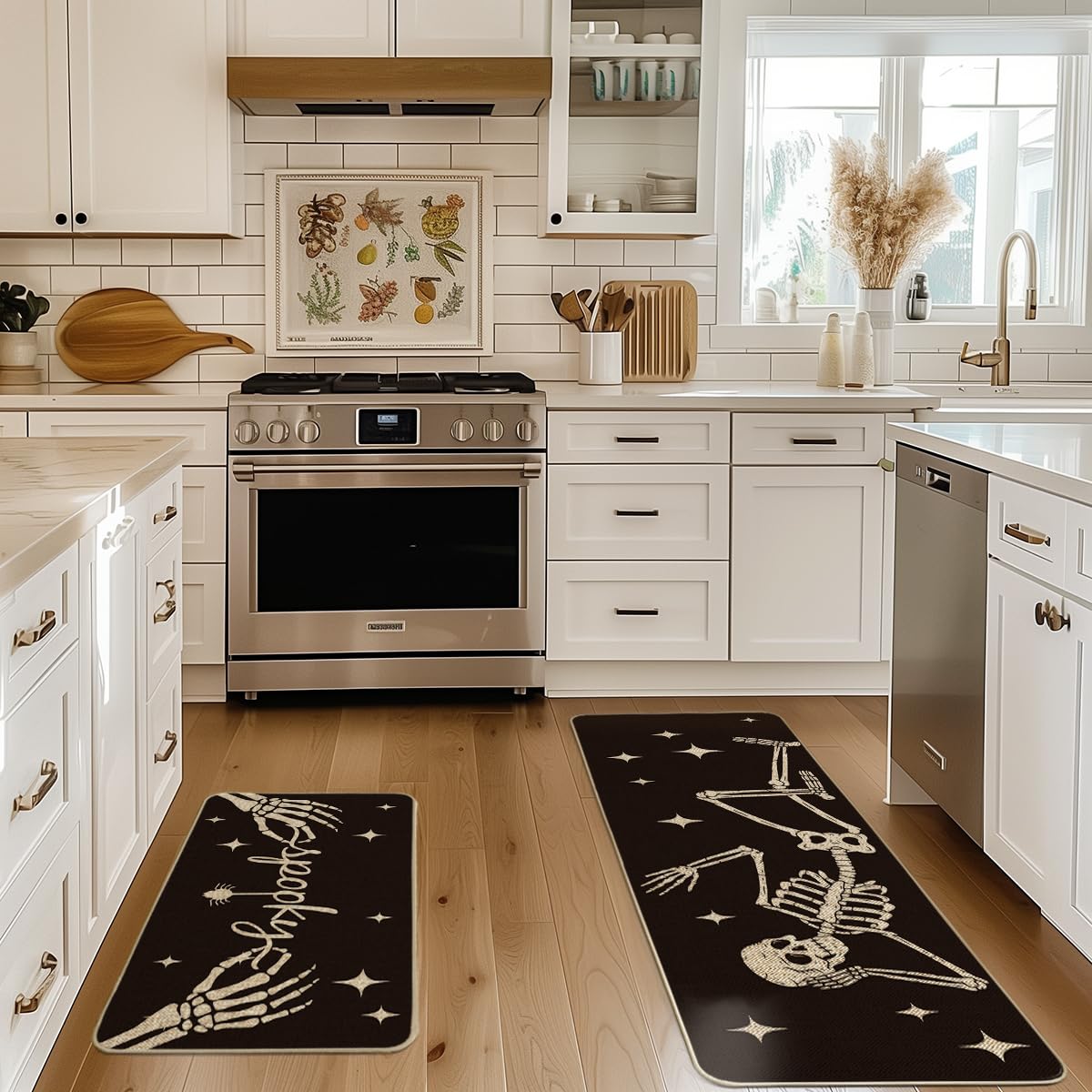 Artoid Mode Spooky Skeleton Spider Bone Black Halloween Kitchen Mats Set of 2, Black Home Decor Low-Profile Kitchen Rugs for Floor - 17x29 and 17x47 Inch