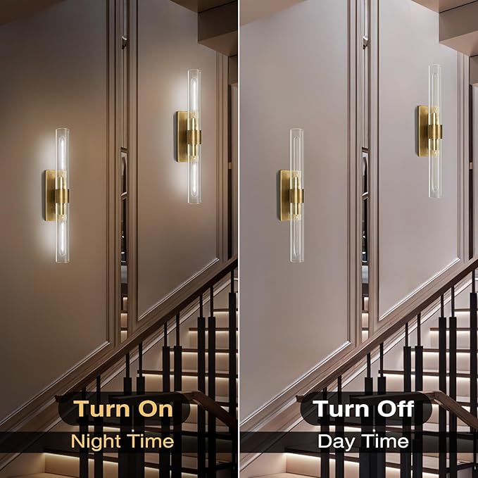 Brass Wall Sconces, 22.8" Bathroom Light Fixtures, Gold Wall Sconces Set of 2, 2-Light Dimmable Wall Sconce with Glass, Modern Vanity Light Up and Down Wall Lighting for Living Room Hallway