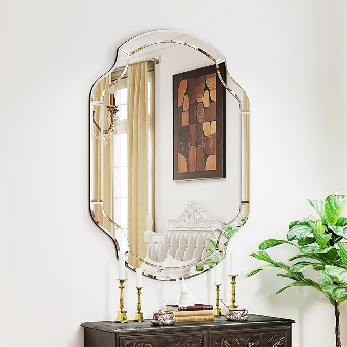 Large Decorative Mirrors, 28" X 40" Elegant Living Room Mirror with Glass Pieces and Beveled Edge, Vanity Mirror for Bedroom Bathroom Entryway Hang Horizontally or Vertically