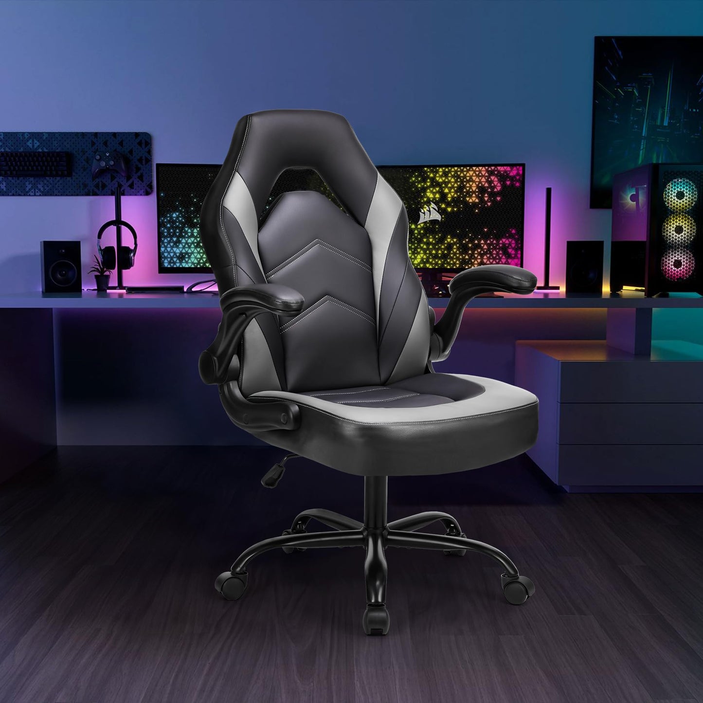 DUMOS Computer Game Desk Chair - Ergonomic PU Leather Lumbar Support, Height Adjustable High Back Video Game with Flip-up Armrest, Rolling Swivel for Adults, Grey