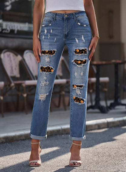 EVALESS Ripped Jeans Womens Halloween Pants Pumpkins Print Stretch Jeans Bootcut Boyfriend Distressed Jeans Cute Patchwork Trendy Denim Jeans Butt Lifting Pants with Pockets Blue X-Large