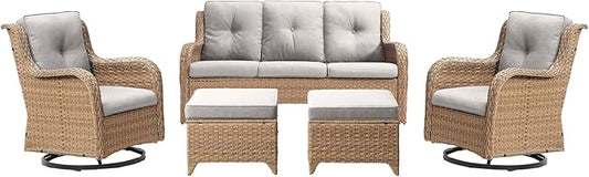 Rilyson Patio Furniture Swivel Chairs Set - 5 Piece Wicker Rattan Outdoor Sectional Conversation Sets with 2 Rocking Swivel Chairs,2 Ottomans and 1 Sofa for Porch Deck Garden(Yellow/Beige)