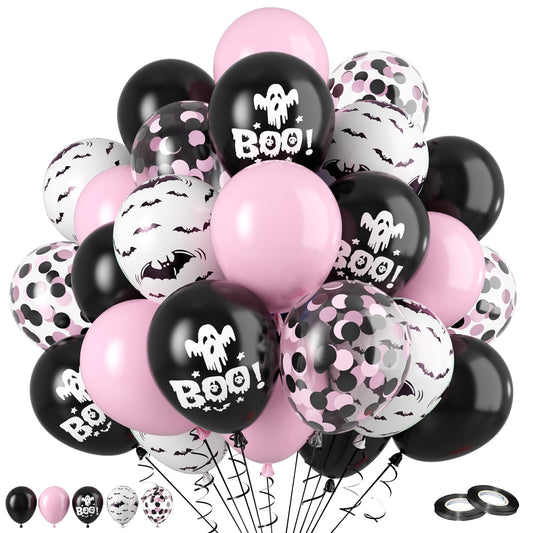 FunHot Halloween Party Balloons, 60Pcs Pink Black Halloween Balloon, 12 Inch Black Pink Confetti Balloons Bat Ghost BOO Printed Pattern Balloon with Ribbons for Kids Birthday Halloweens Decoration