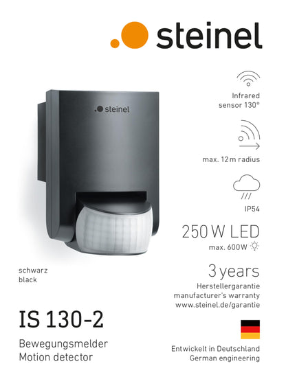Steinel IS 130-2 black - 130° passive infrared motion detector, max. 12m reach, motion sensor for indoor and outdoor use