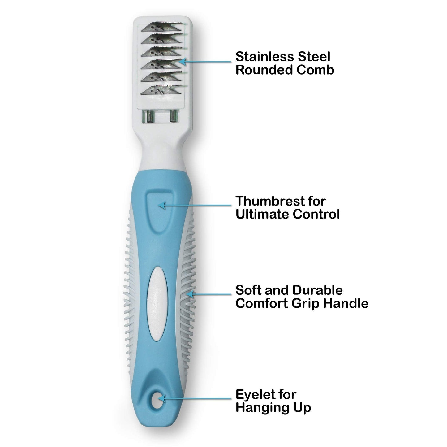 Pets First Professional Pet Mat Remover - Dematting Tool for Grooming Cats & Dogs - Removes Matted Fur, Tangles, Knots, Loose Hair & Dirt - Stainless Steel, Gentle Teeth,Blue,7 x 1 inches