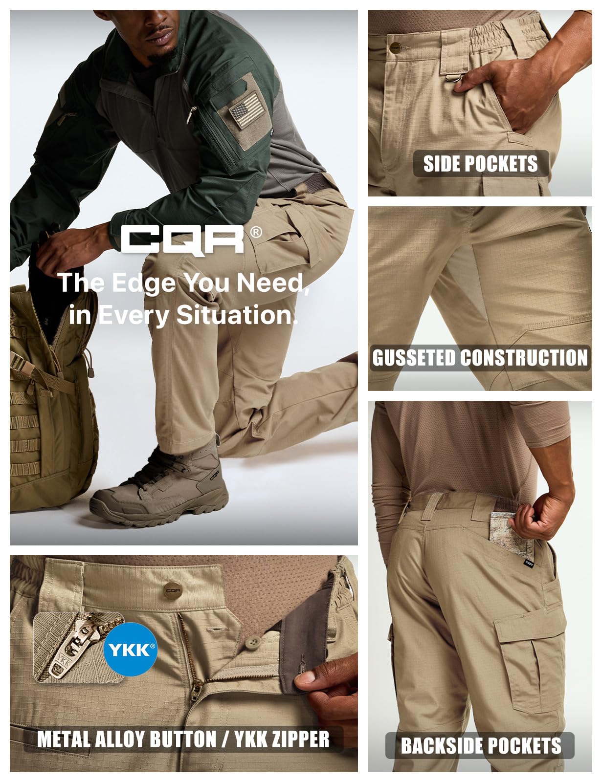 CQR Men's Tactical Pants, Water Resistant Ripstop Cargo Pants, Lightweight EDC Work Hiking Pants, Outdoor Apparel, Raider Mag Pocket Khaki, 36W x 34L