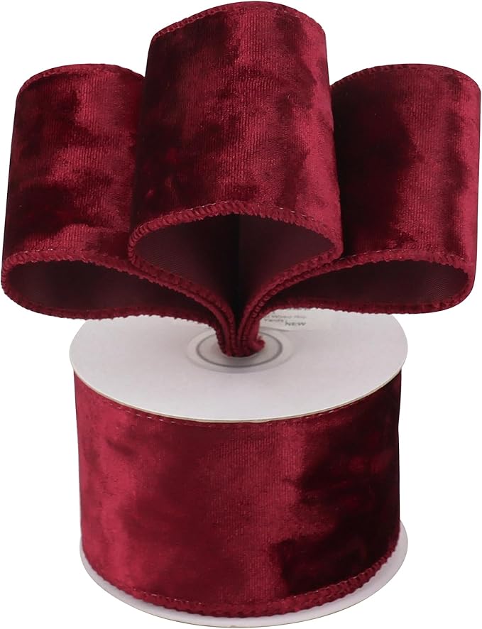 MEEDEE Burgundy Velvet Ribbon 2.5 inch Crushed Velvet Christmas Ribbon 10 Yards for Christmas Tree Decoration, Wreath Supplies, Crafts Bow, Gift Wrapping, Wedding Decor and Accents