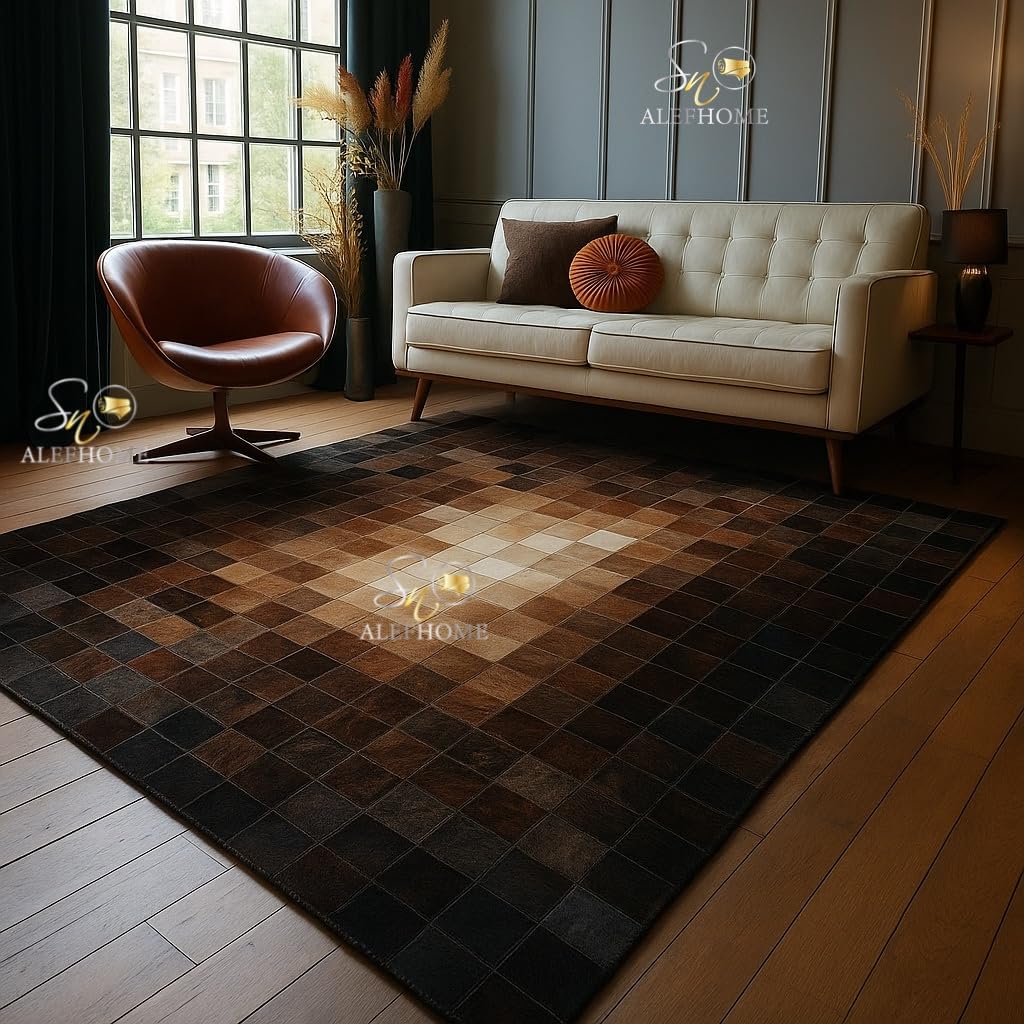 Hair-On Cowhide Leather Patchwork Area Rug 8×10 ft | Natural Patterned Low Pile Area Carpet, Modern Rustic Design for Living Room Bedroom Dining Room & Home Decor, Dark Brown