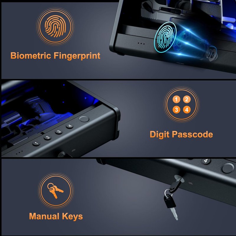 Biometric Gun Safe for Handgun - Quick Access Pistol Safe with Fingerprint & Voice Navigation | Interior Light, Mute Mode, Steel Cable Included