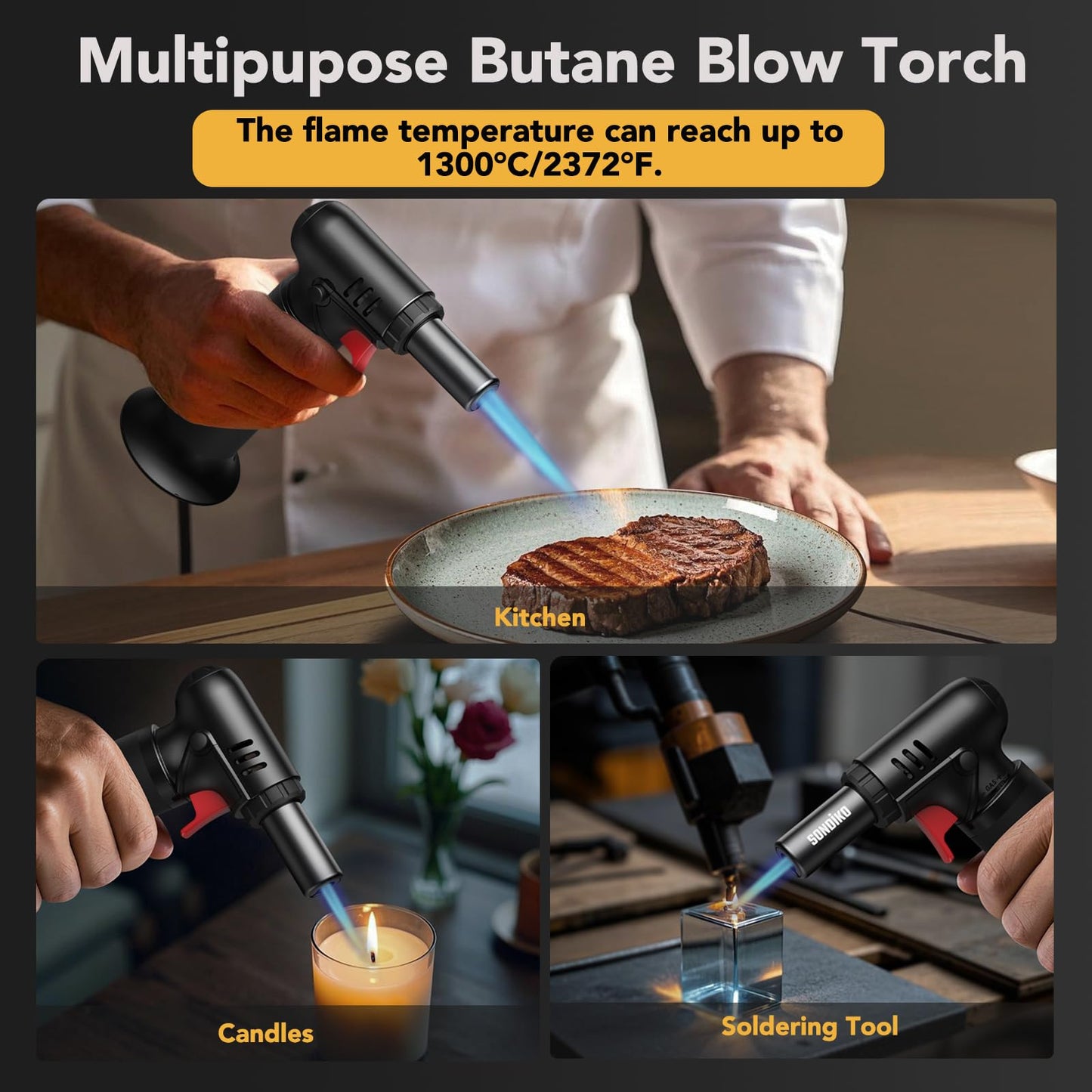 Sondiko Kitchen Blow Torch with Fuel Gauge S907, Refillable Soldering Torch Lighter with Safety Lock and Adjustable Flame for Desserts, Creme Brulee, Welding, Industrial (Butane Not Included)