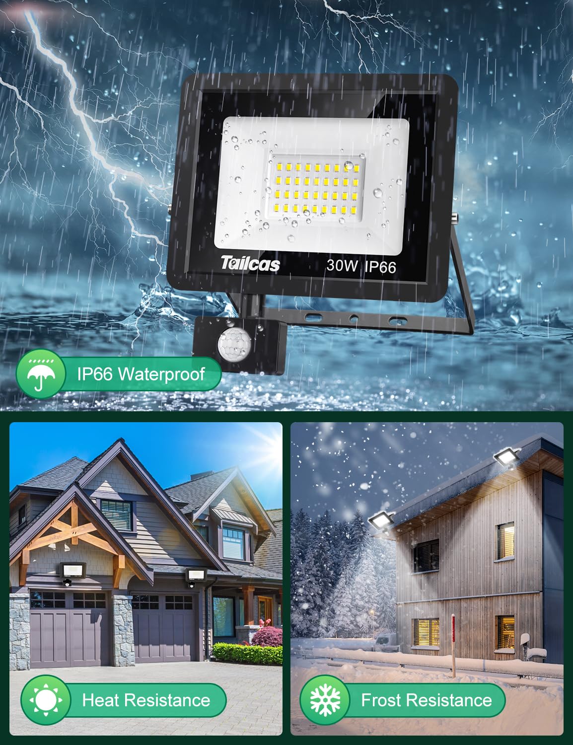 Tailcas Security Lights Outdoor Motion Sensor, 30W PIR Light with Remote Control, IP66 Waterproof Sensor Outdoor, 2700LM LED Floodlights Mains Powered for Garden,Yard, Garage, Black