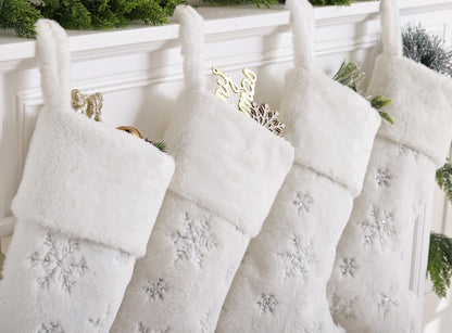 CARAKNOTS White Christmas Stockings 3 Pack 21 inches Large Neutral Luxury Christmas Stockings for Family Kids Faux Fur Xmas Silver Farmhouse Fireplace Hanging Decorations