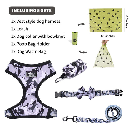Dog Harness and Leash Set for Small Dogs, Adjustable Reflective No Pull Dog Vest Harness for Puppy with Bow-tie Collar, Leash and Poop Bag (M, Grey Camouflage)