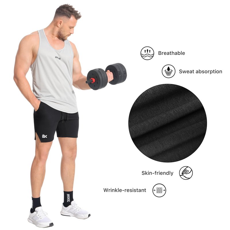 BROKIG Men's Airstretch Gym Shorts,5 Inch Slim Fit Running Exercise Athletic Workout Shorts for Men with Zipper Pockets(Black,Small)