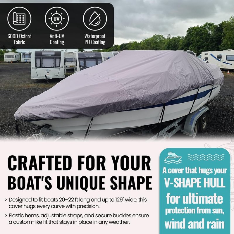 Heavy-Duty Waterproof Boat Cover 20-22 ft | 600D Oxford Marine Grade Polyester for V-Hull, Bass, Jon & Pontoon Boats