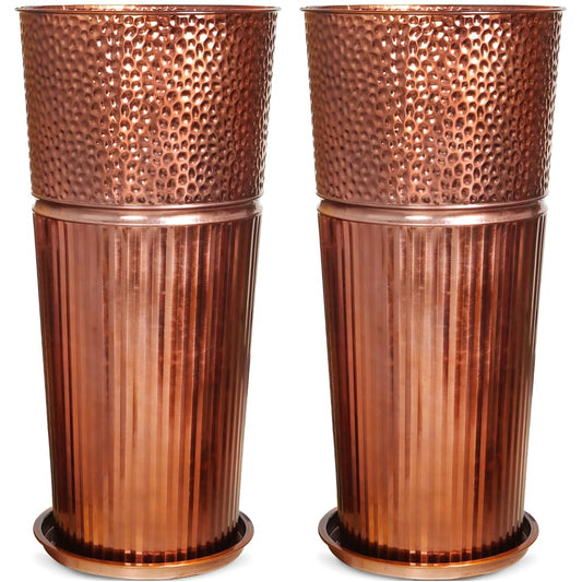 Megawodar 2 Pcs Pack Metal Tall Tapered Planter Pots Large Round Planter Flower Pot with Drainage Holes for Indoor Outdoor Deck Porch Garden Home Patio Front Door (Glossy Copper, Medium)