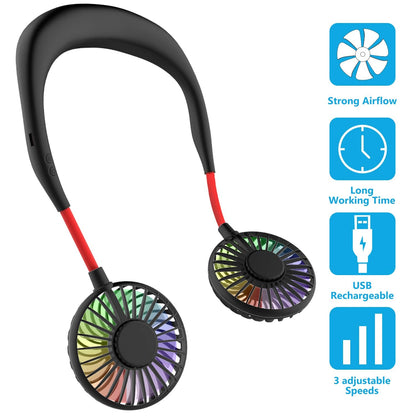 Portable Neck Fan, Handsfree Mini USB Neck Fan Rechargeable Wearable Neckband Fan, Desk Fan, Necklace Fan with Dual Wind Head 3 Speeds LED Light for Traveling Sport Outdoor Camping Office (Black)