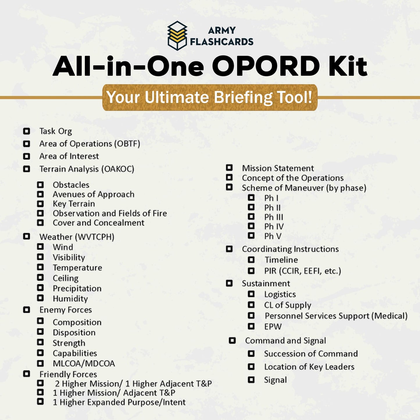Laminated OPORD Cards by ARMY FLASHCARDS Waterproof Operations Order Shell Battle Book, Military Flashcards for ROTC and Platoon Leaders, USA Veteran Made, Cargo Pocket Size, ArmyGifts Basic Training