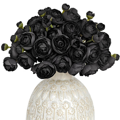 Letjolt Ranunculus Artificial Flower 18 Pcs Black Silk Ranunculus Wedding Bouquet Engagement Centerpieces Arrangements Bridal Shower Decorations Home Decor, Black