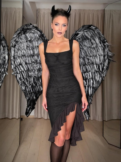 BORIFLORS Women's Sexy Ruched Bodycon Midi Dresses Square Neck Sleeveless Ruffle Hem Club Party Tank Dress, X-Small, Black