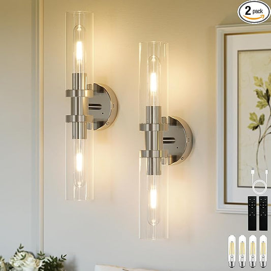 Rechargeable Battery Wall Sconce Set of Two, Cordless, Dimmable, Timer, Remote, Touch Control, 3000K, USB-C Charging for Living Room, Bedroom Sand Nickel (Include 4 Special Bulbs)