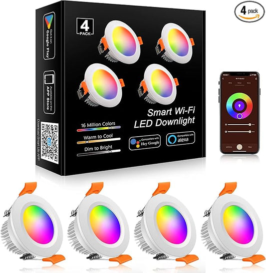 YGS-Tech Smart 2 Inch LED Recessed Lighting RGB WiFi Downlight, 5W Compatible with Alexa and Google Home, Dimmable RGB & CCT 2700-6500K Color Changing, 120V Ceiling Light with LED Driver (4 Pack)