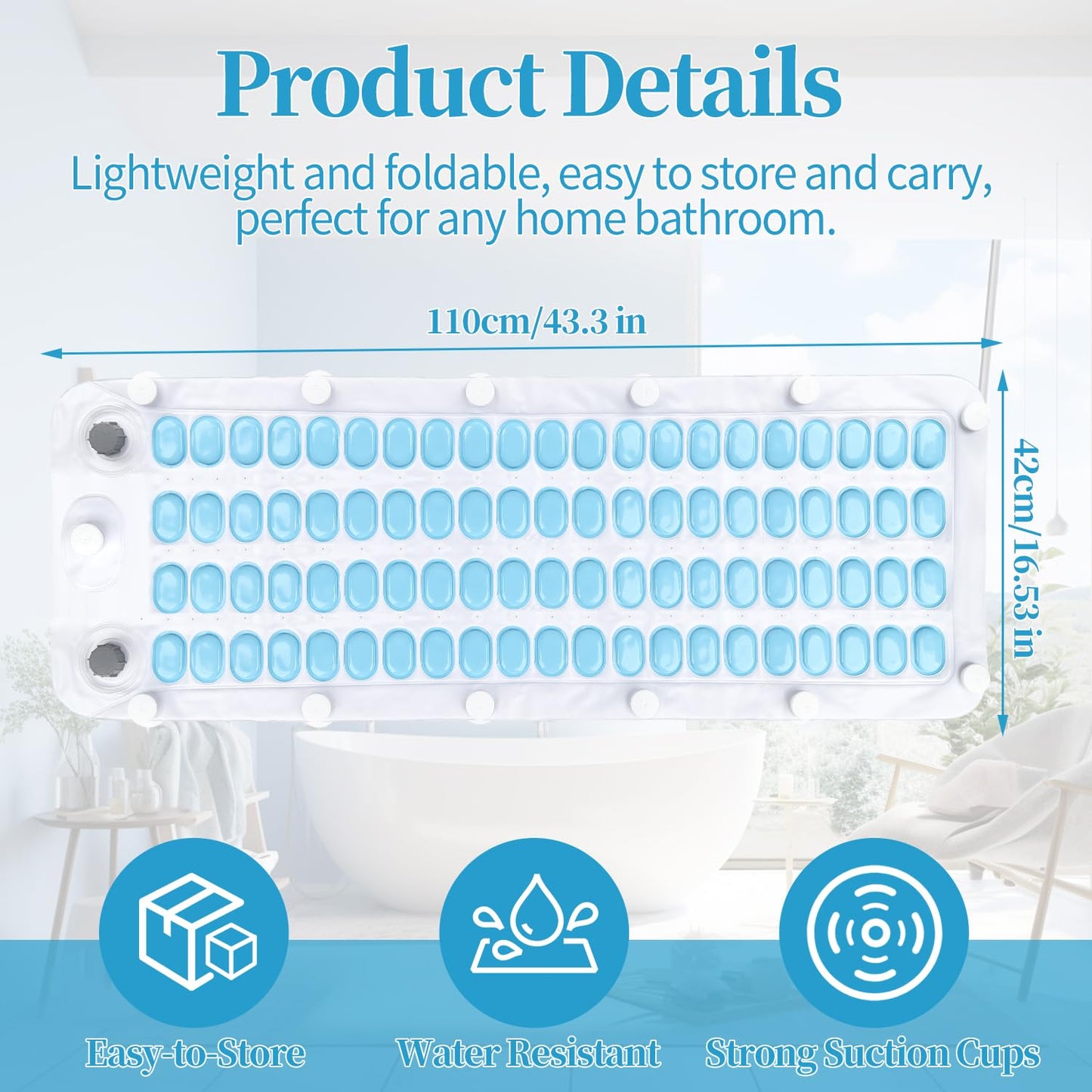 Crossing King Portable Spa Bubble Bath Massager - Bubble Bath Mat Tub Spa Massager with Upgraded Powerful Suction Cup, Electric Air Pump, Pillow and Remote Control for Relaxation, 45 * 17in (Blue)