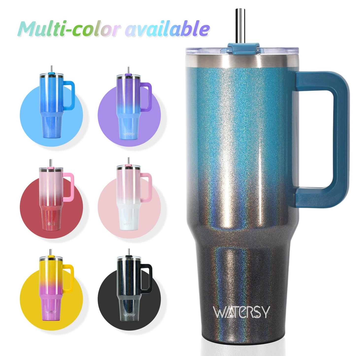 40 oz Shiny Tumbler with Handle and Straw,Stainless Steel Tumbler with Lid and Straw,Insulated Travel Mug(Cold for 34 Hours),Water Bottle for Iced Tea,Coffee (Black Blue)