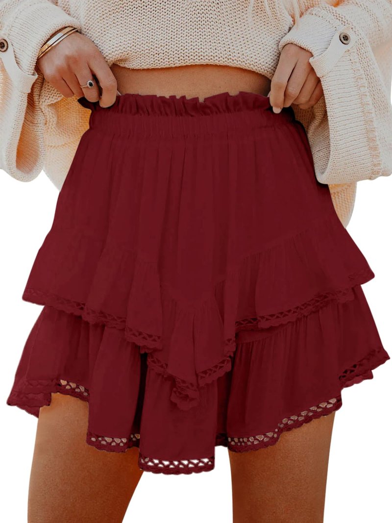Aoudery Flowy Shorts for Women Casual Boho Ruffle Tiered Skorts High Waist Mini Skirts Golf Tennis Butterfly Crochet Shorts - Red 2XL