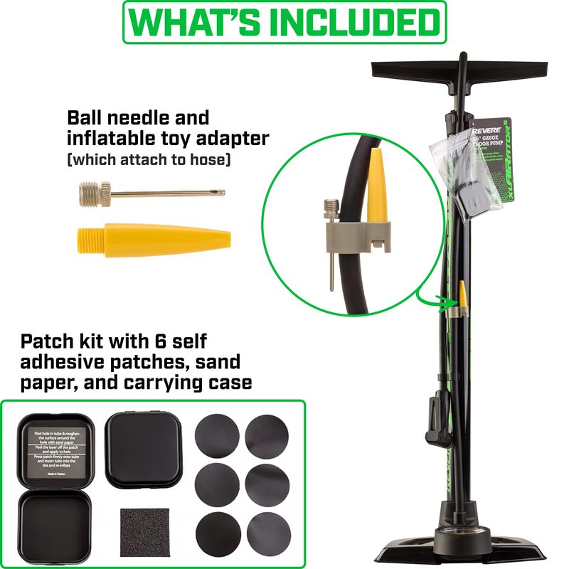 Revere xlAIRator 5 Bike Floor Pump – 160 PSI, Dual Valve Compatibility (Presta & Schrader), Extra-Large Gauge, 41" Hose, Includes Patch Kit – Ideal for Road & Mountain Bikes