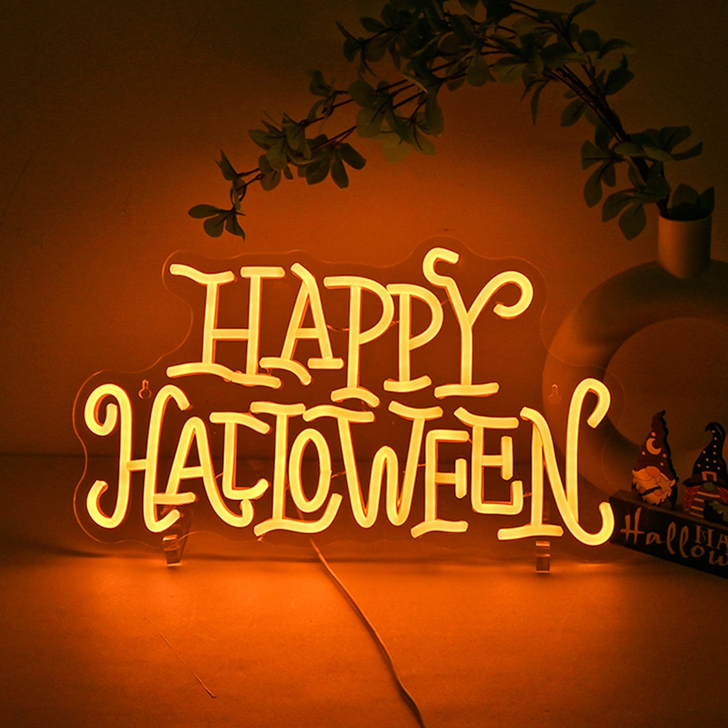 Wanxing Happy Halloween Neon Light Sign Golden Yellow Letter Led Nights for All Hallows' Day Party Wall Decor Art Decorations As a Gift for Children Friends Family 16.5'' * 19.4''